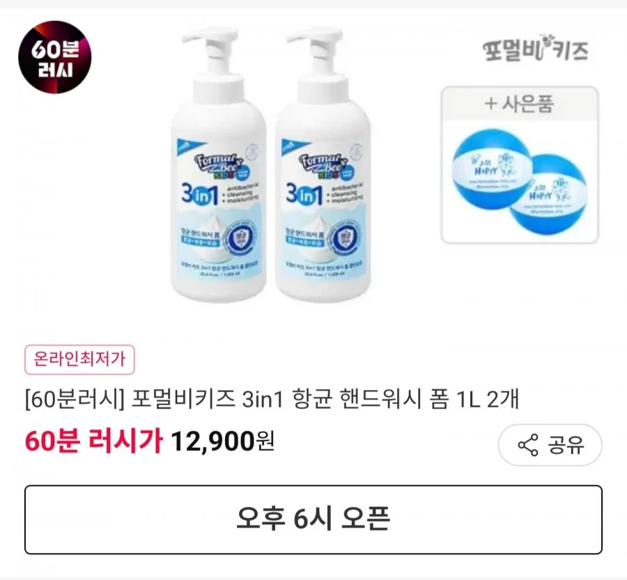 60분 러시 3in1 항균 핸드워시 1L 2개+비치볼 2개