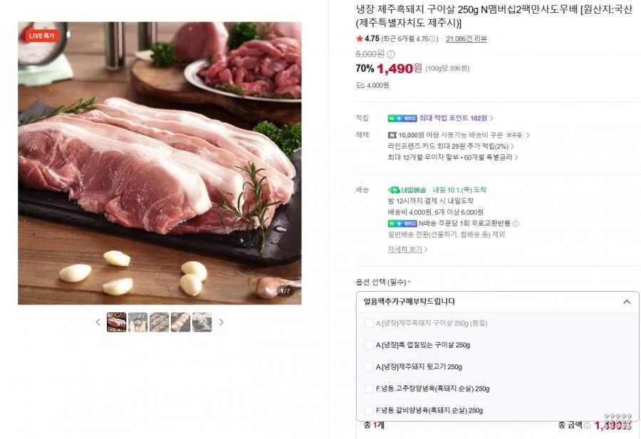 냉장 제주흑돼지 구이살 250g