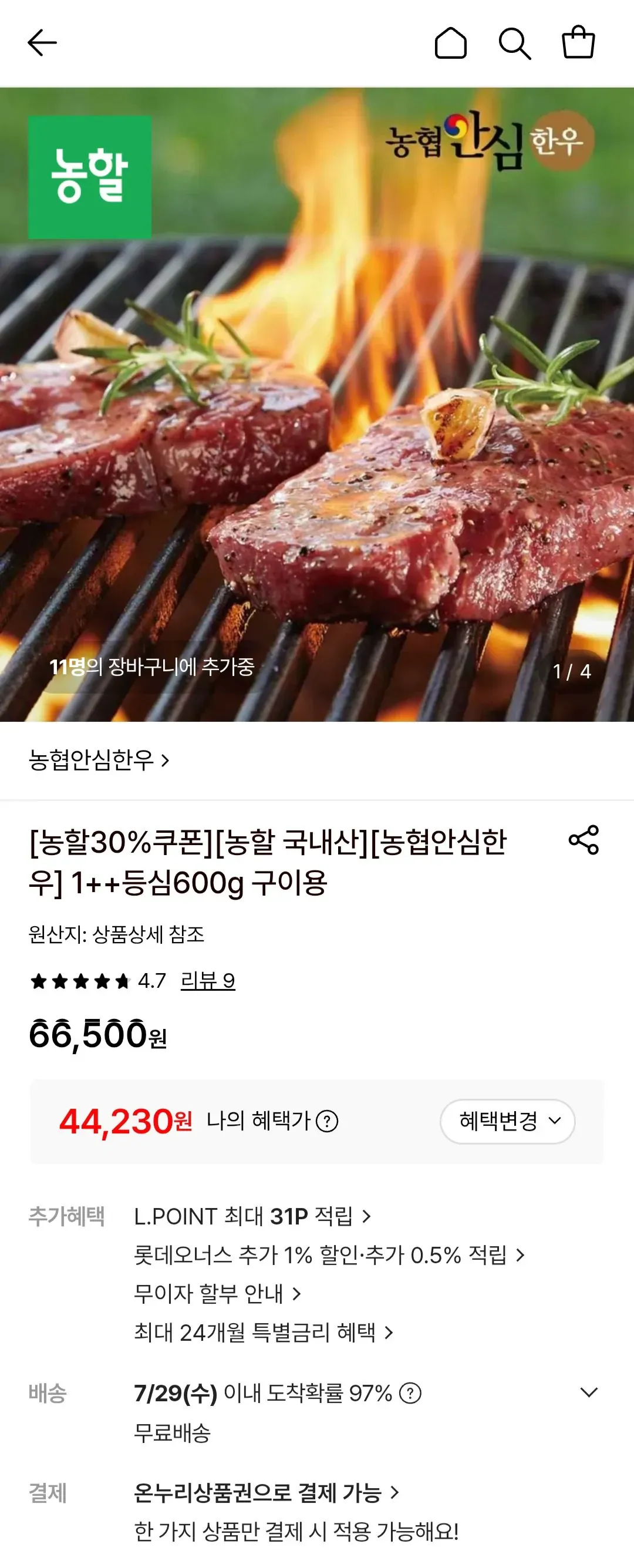 농협안심한우 1++등심 600g 구이용 온누리 가능