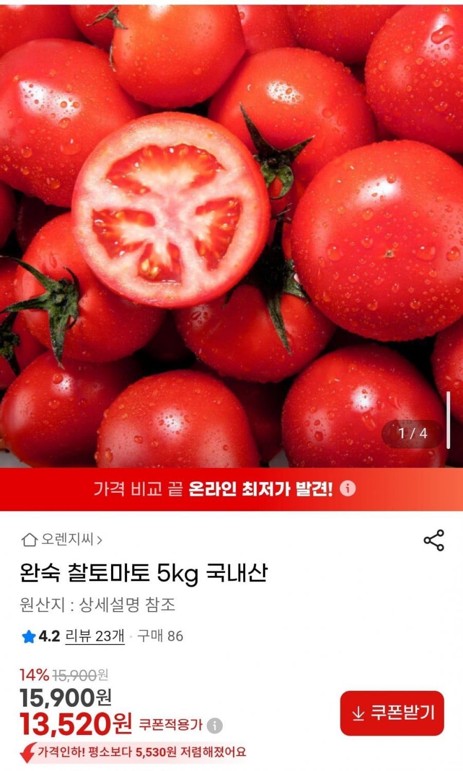 완숙 찰토마토 5kg 국내산