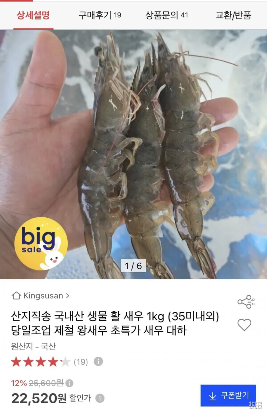활 새우 1kg 35미내외