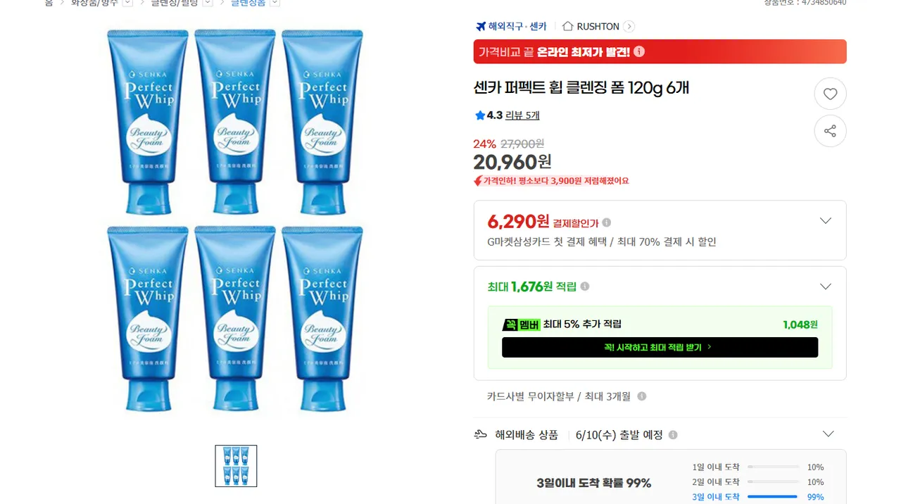 센카 퍼펙트 휩 클렌징 폼 120g 6개
