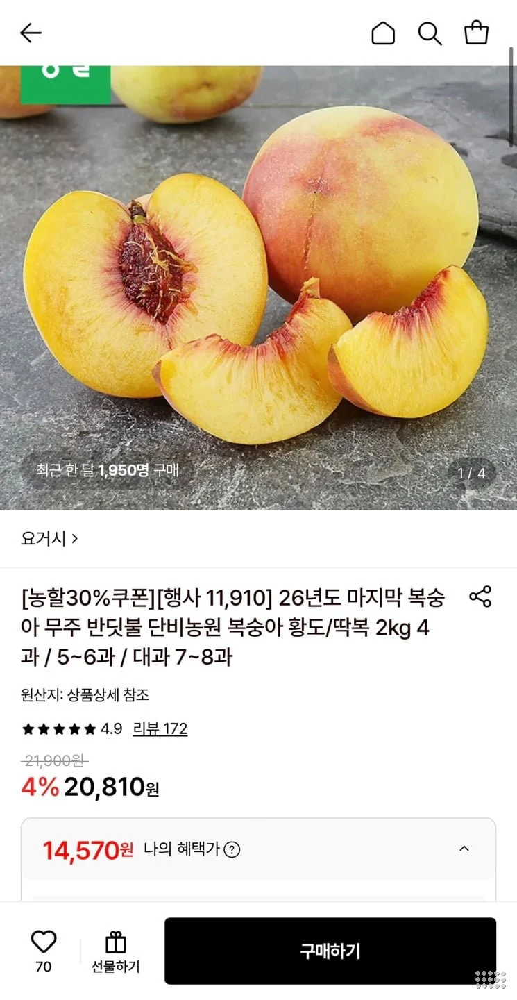 26년도 무주 반딧불 단비농원 복숭아 황도 2kg 5-6과