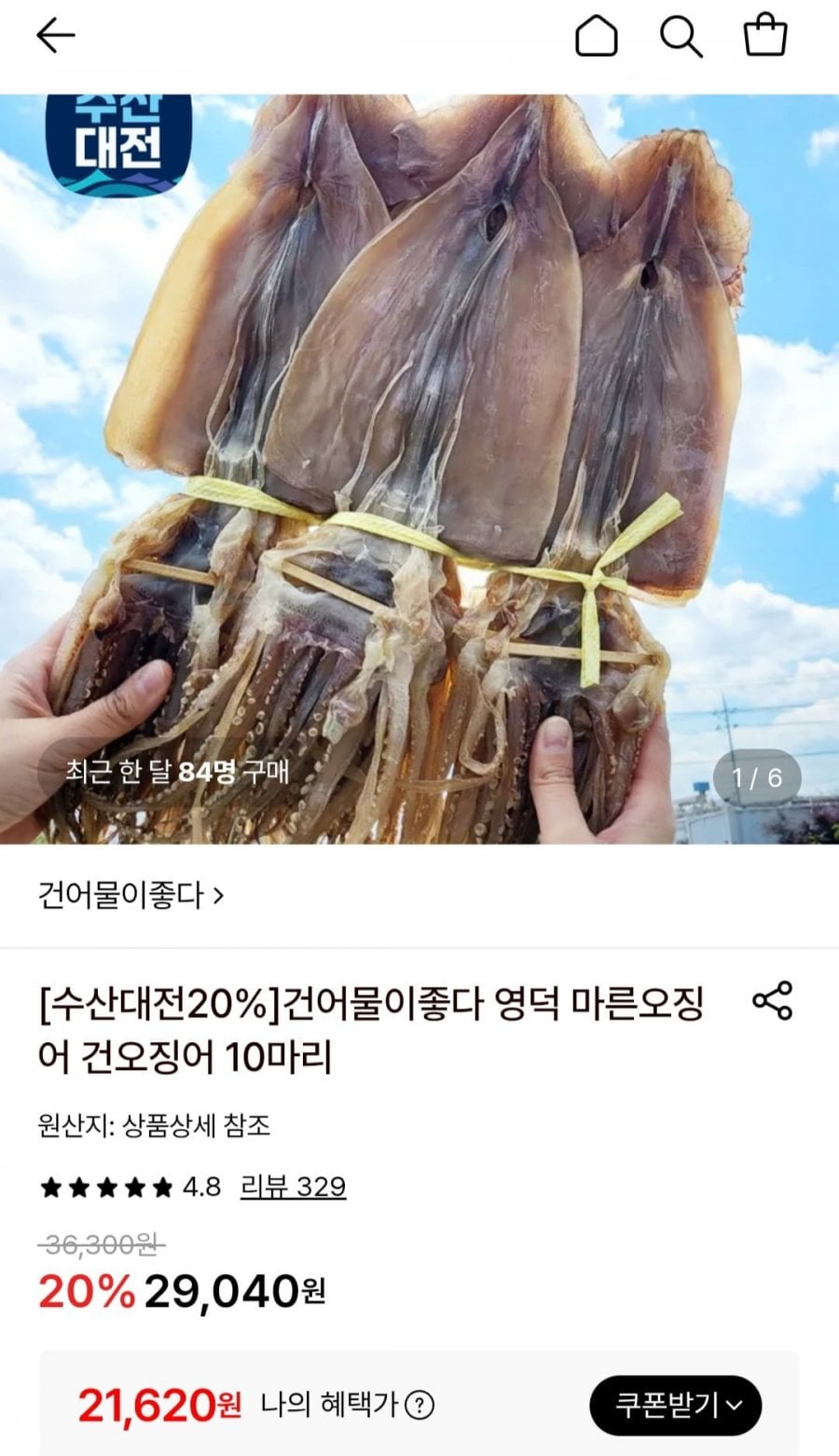 국내산 마른오징어 파품 500g 내외 (6~10미)