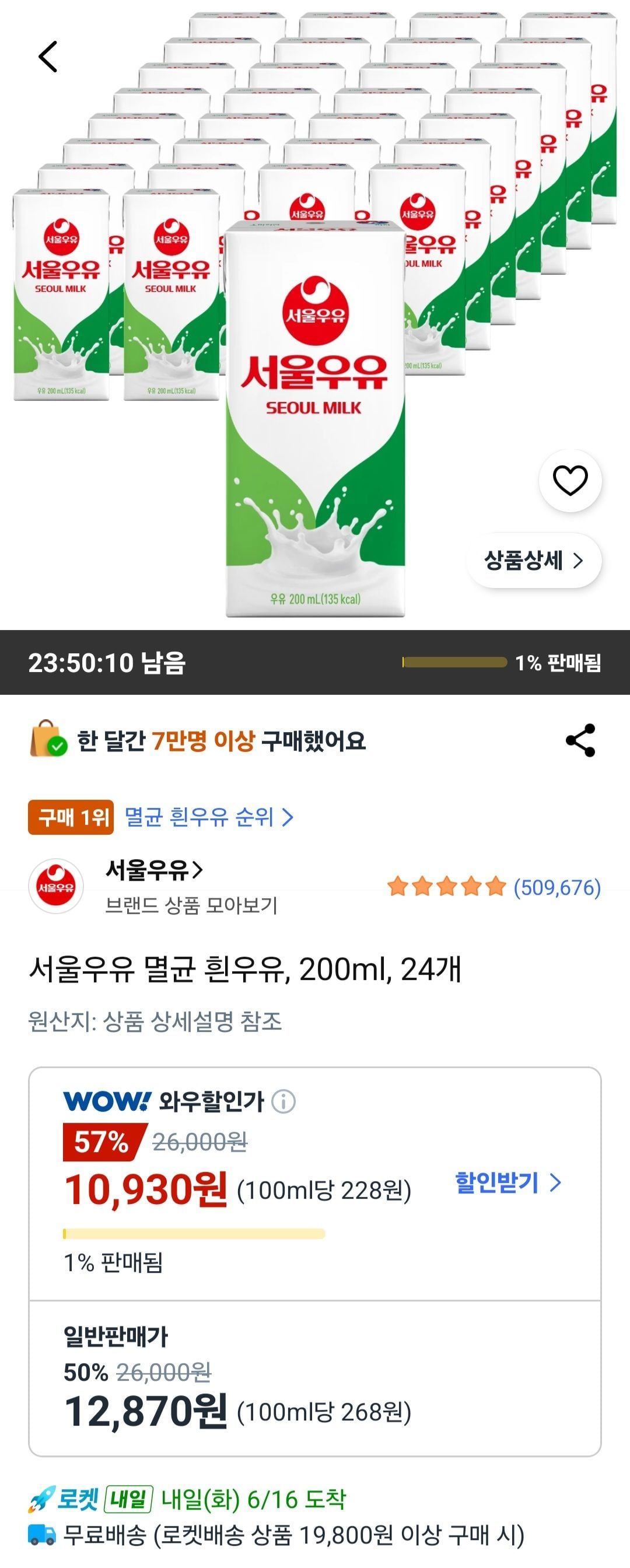 서울우유 멸균 흰우유, 200ml, 24개
