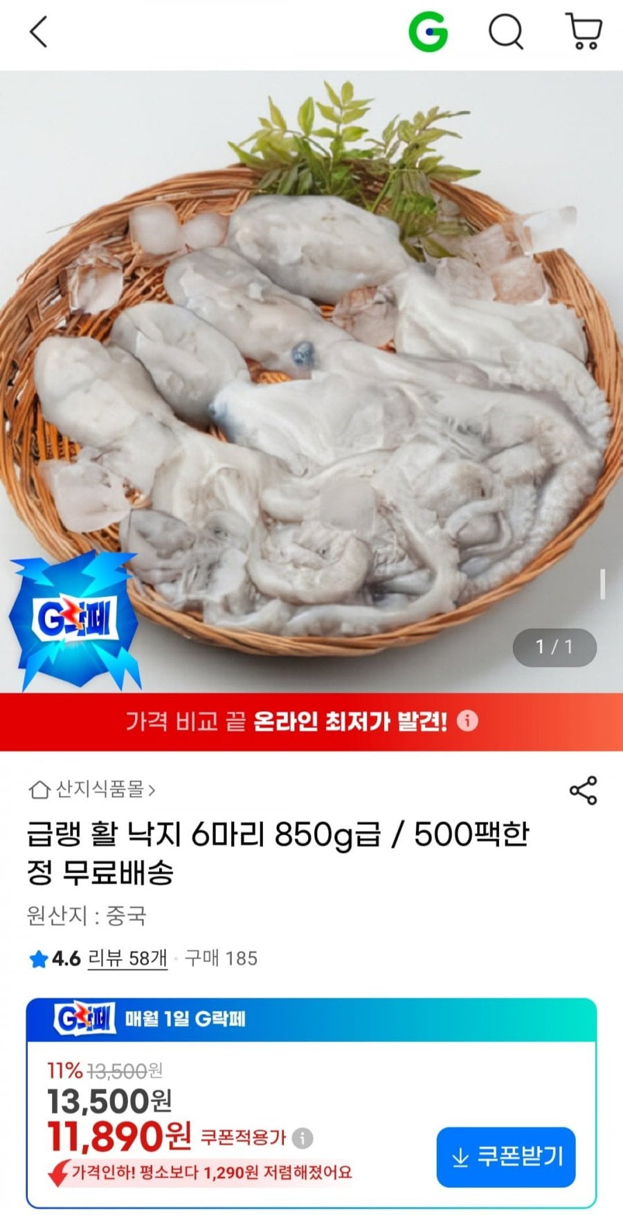 급랭 활 낙지 6마리 850g급
