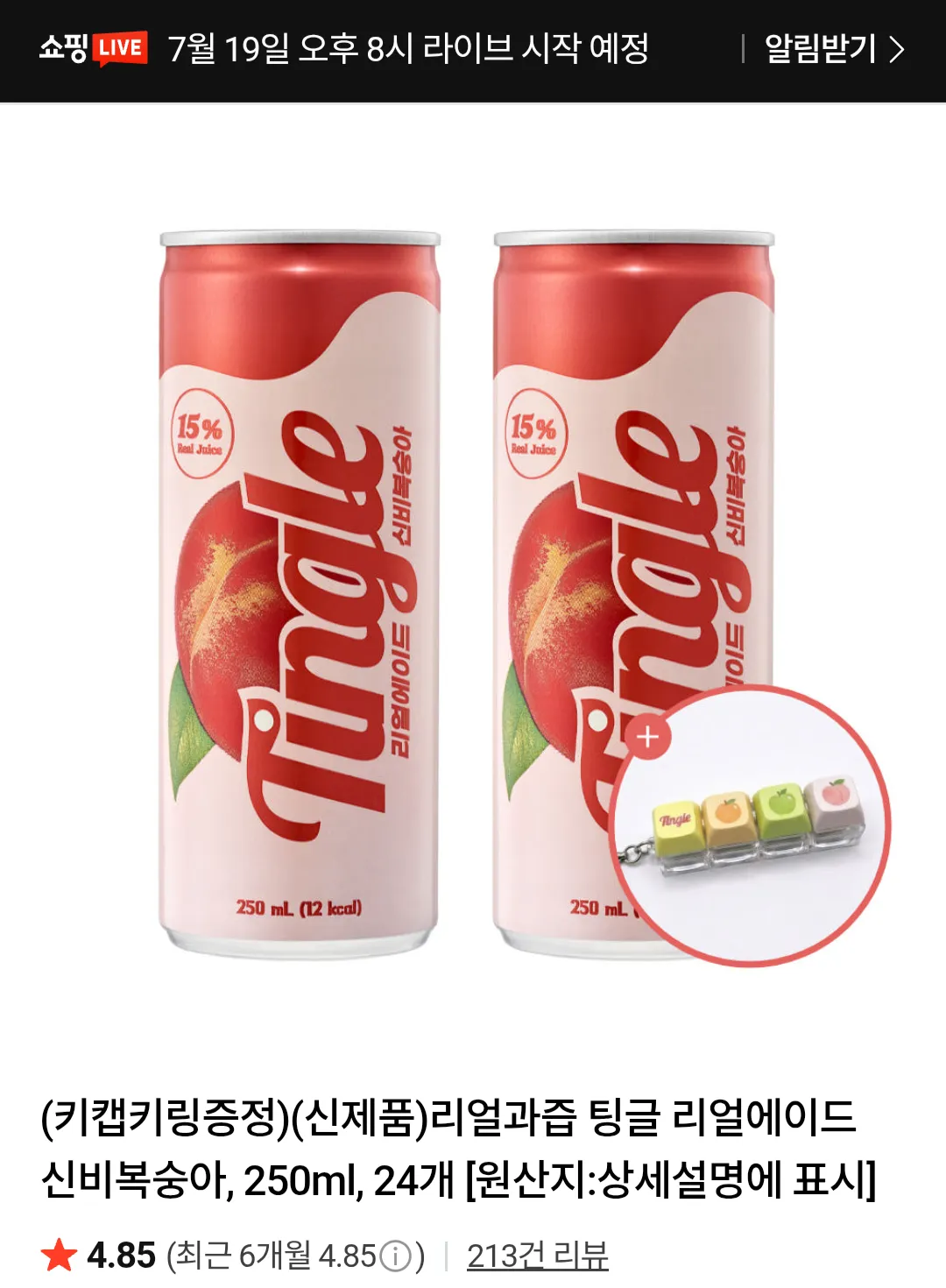 리얼과즙 팅글 리얼에이드 신비복숭아 250ml 24개 + 키캡키링