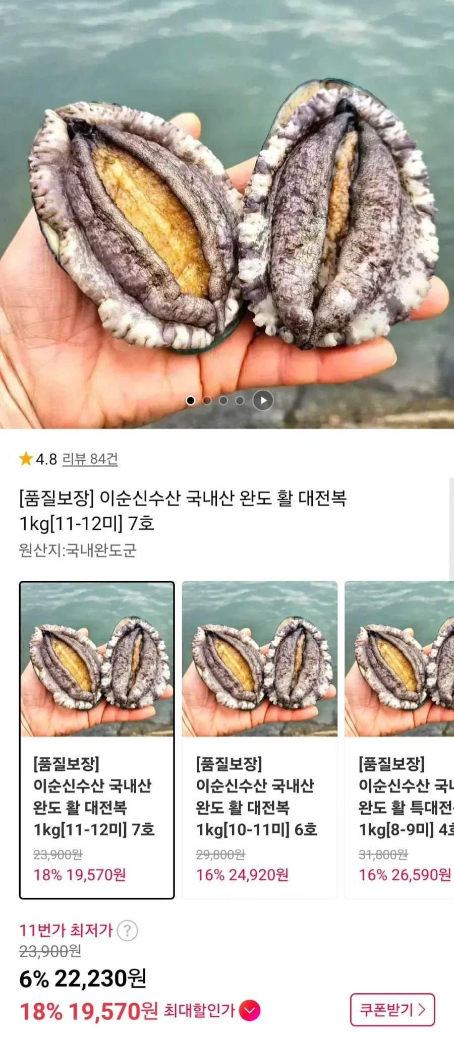국내산 완도 활 대전복 1kg 11-12미