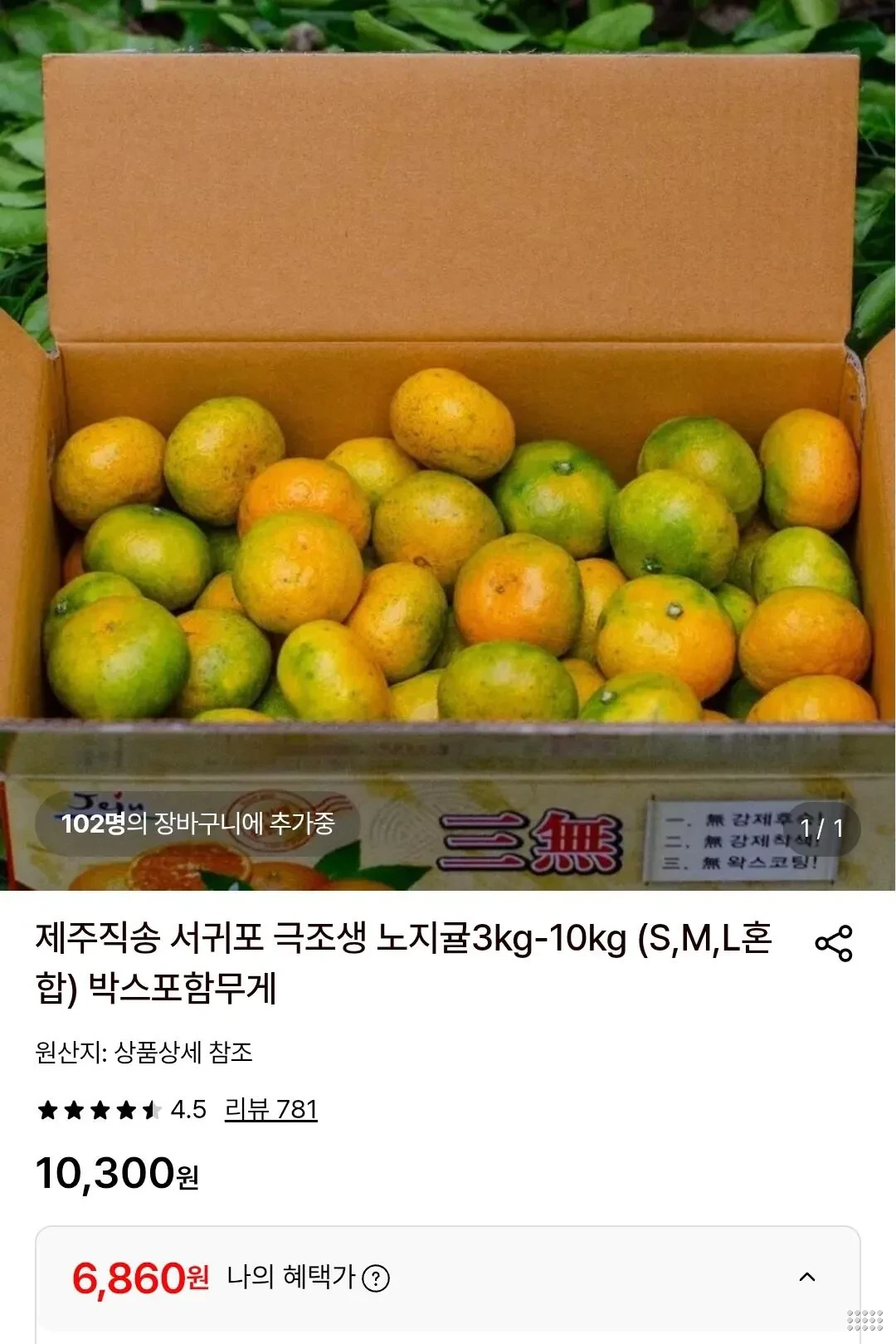 제주직송 극조생 노지귤 3kg(S,M,L혼합)