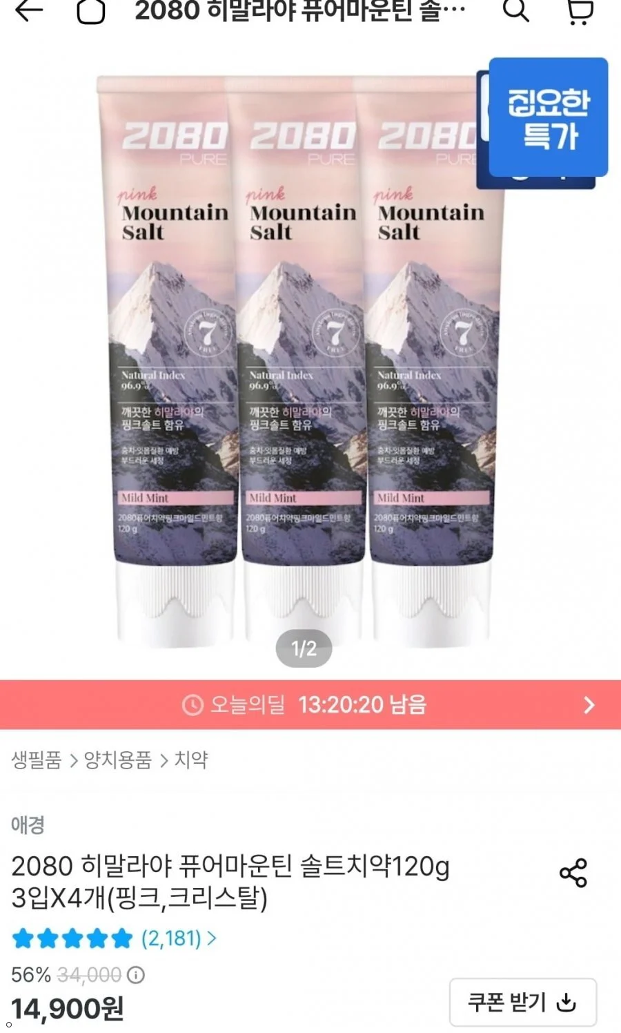2080 히말라야 퓨어마운틴 솔트치약 120g 12개입