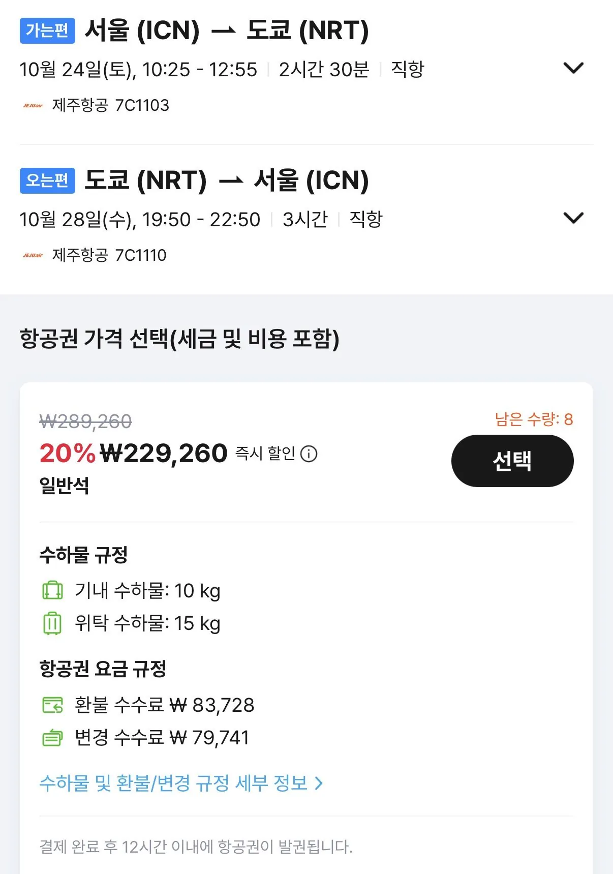 10.24 ~ 10.28 인천 도쿄 왕복 항공권