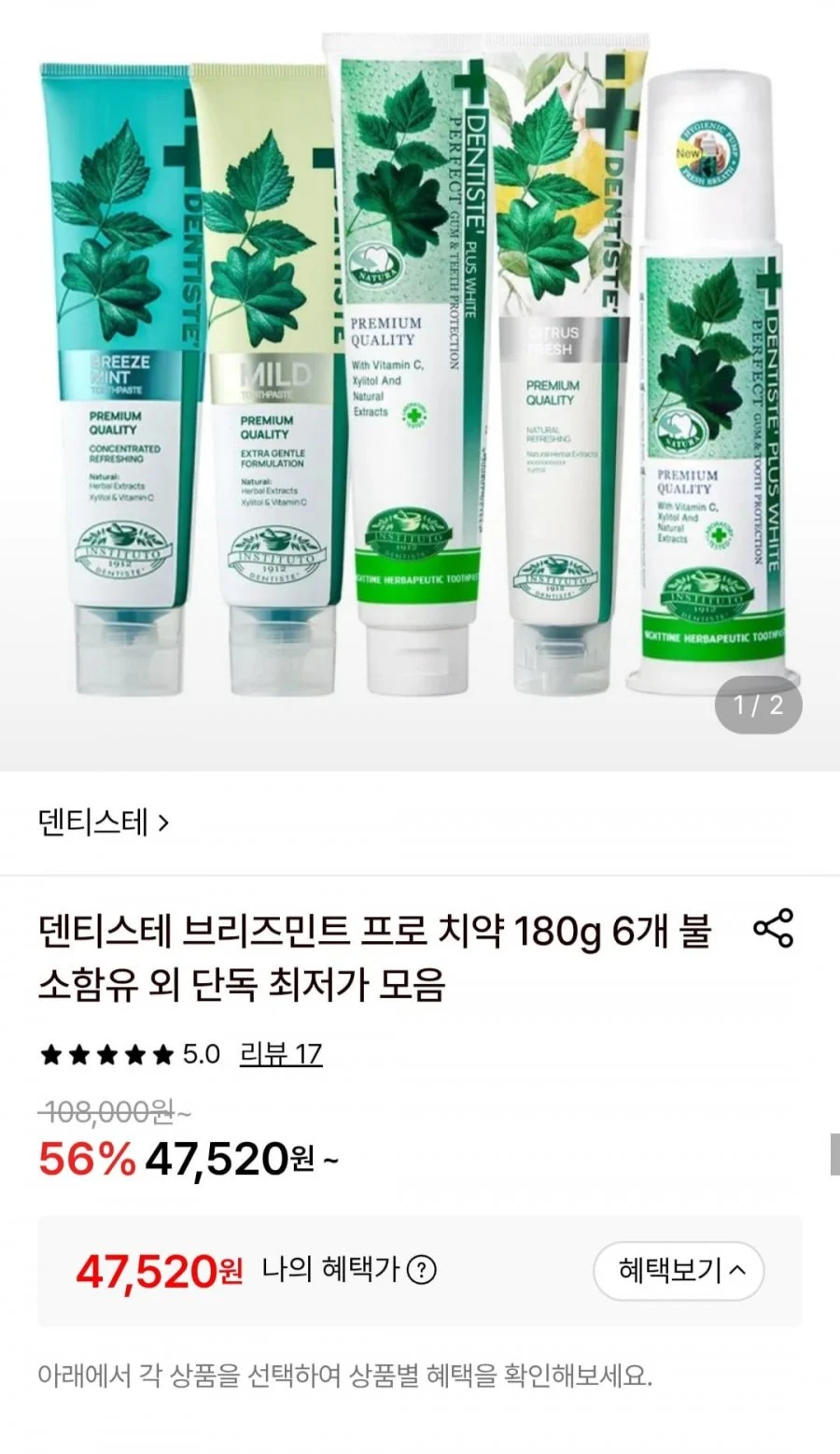 덴티스테 브리즈민트 프로 치약 180g 5개+슬림핏 칫솔