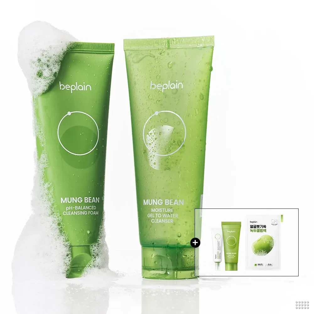 비플레인 녹두 수분 젤 투 워터 클렌저+클렌징폼 듀오 170ml+160ml