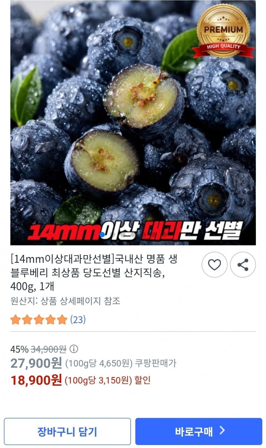 국내산 명품 생 블루베리 최상품 당도선별 산지직송 400g