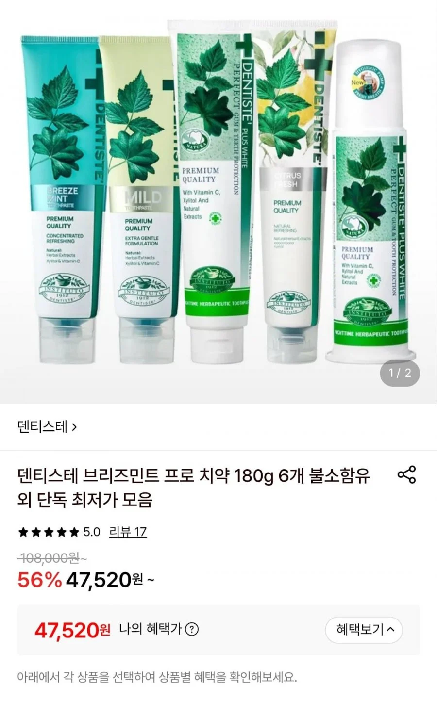 덴티스테 브리즈민트 프로 치약 180g 6개