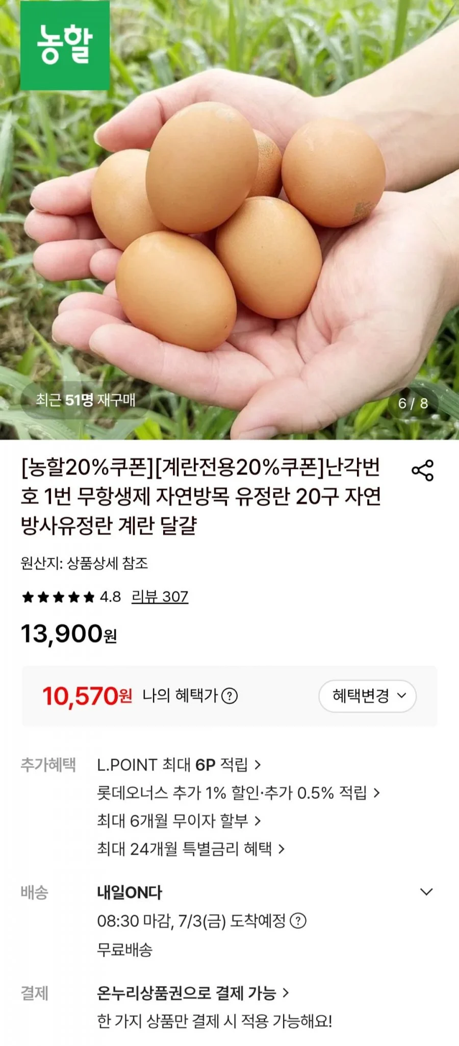 난각1번 무항생제 유정란 20구