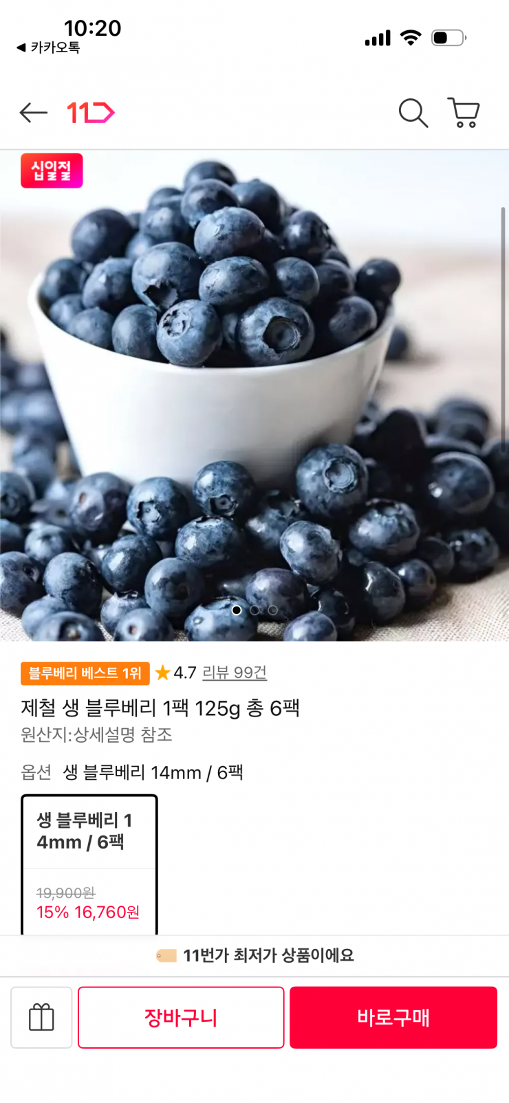 제철 생 블루베리 6팩