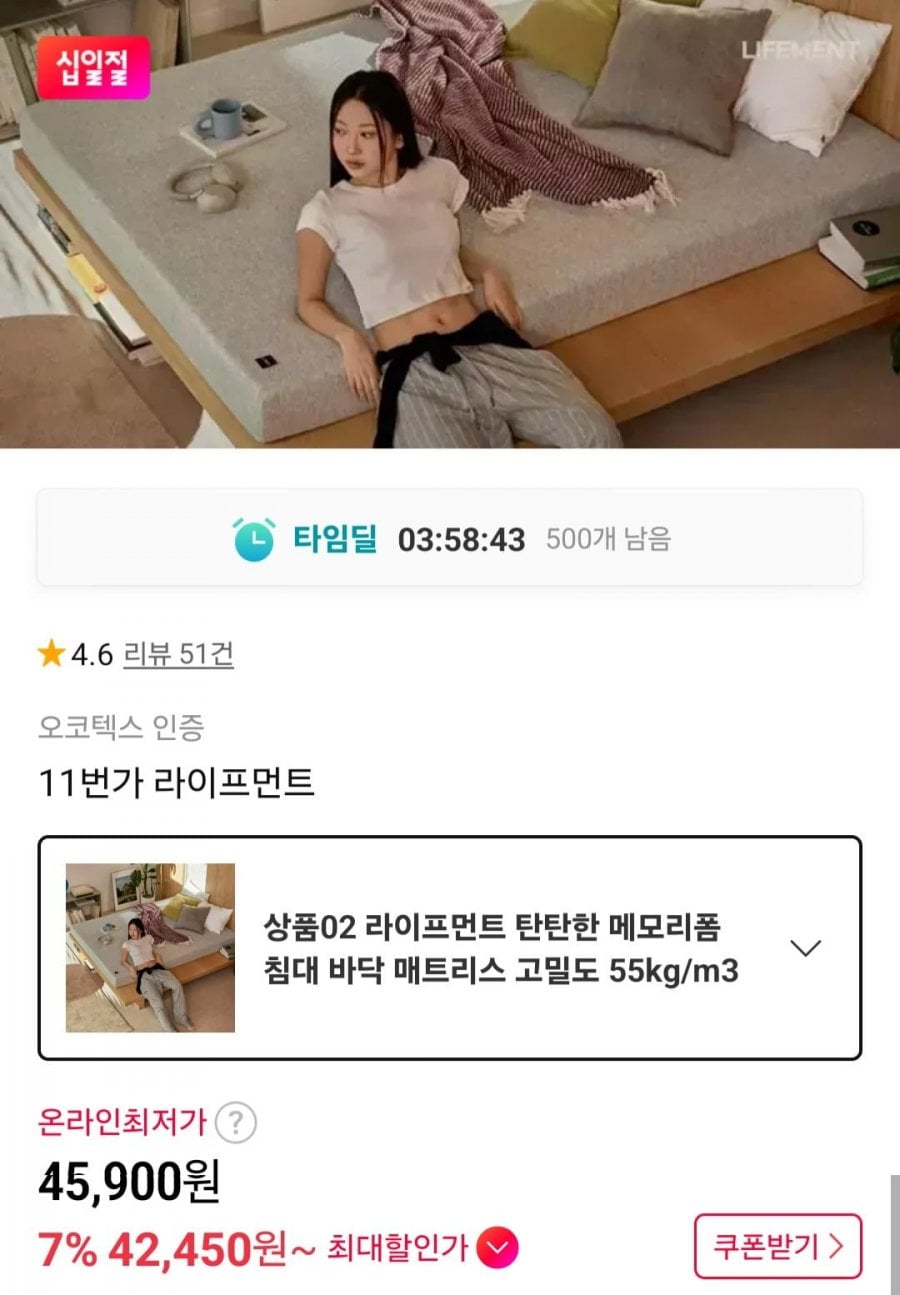 라이프먼트 고밀도 메모리폼 55Kg/m3 매트리스(4 size)