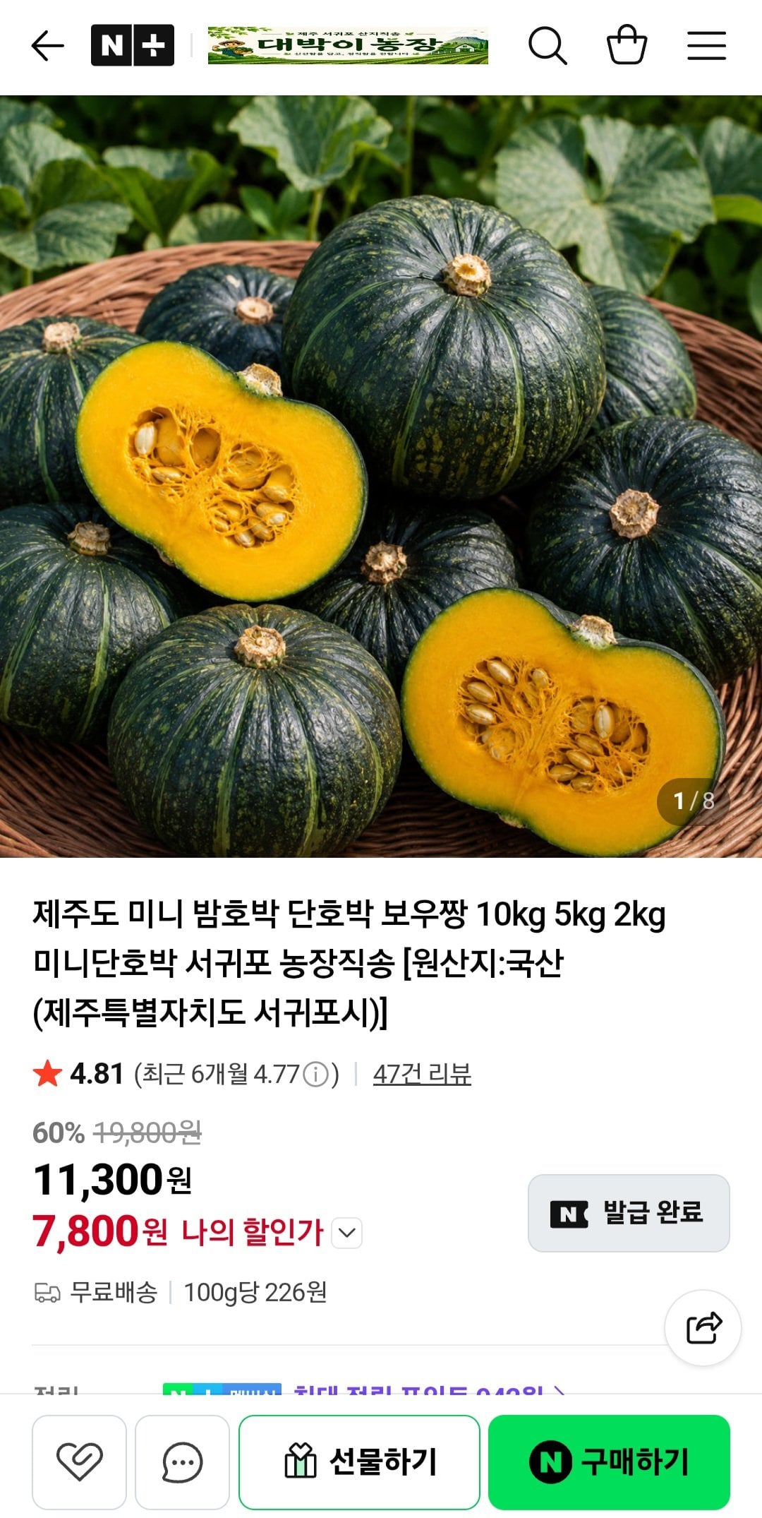 미니 단호박 밤호박 보우짱 제주도산 2kg