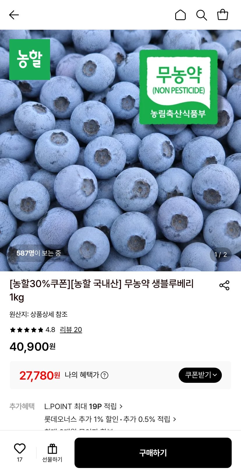 무농약 국내산 생 블루베리 1kg