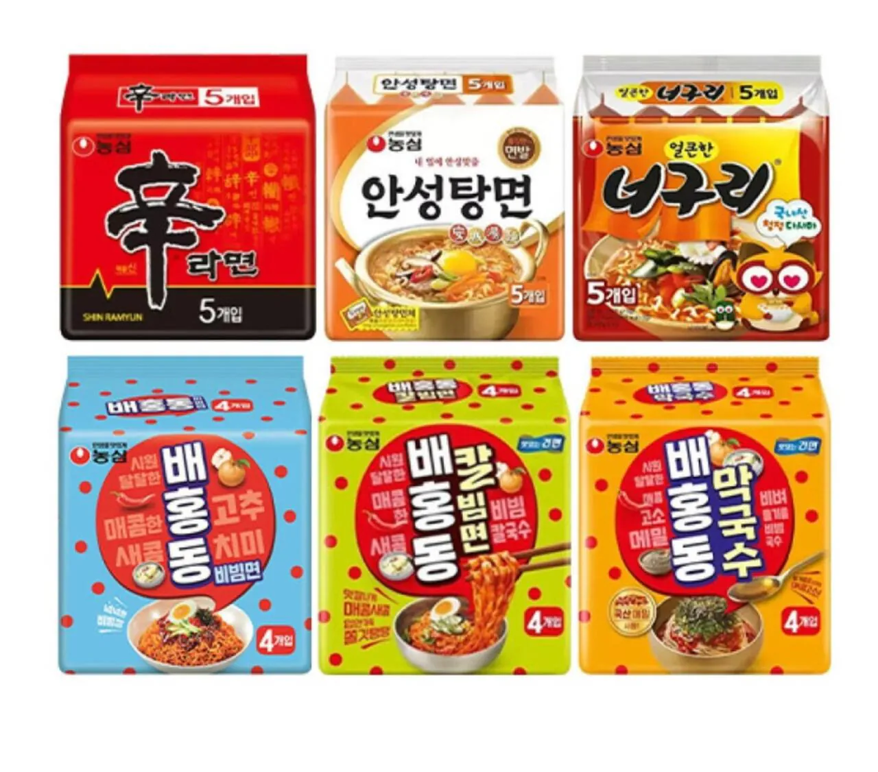신라면 5입 + 안성탕면 5입 + 얼큰한너구리 5입 + 배홍동비빔면 4입 + 칼빔면 4입 + 막국수 4입 (티멤+카카오페이)