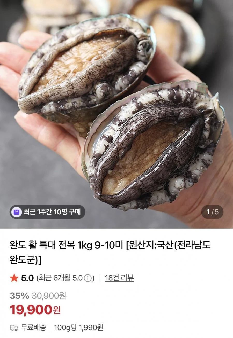 완도 활 특대 전복 1kg 9-10미