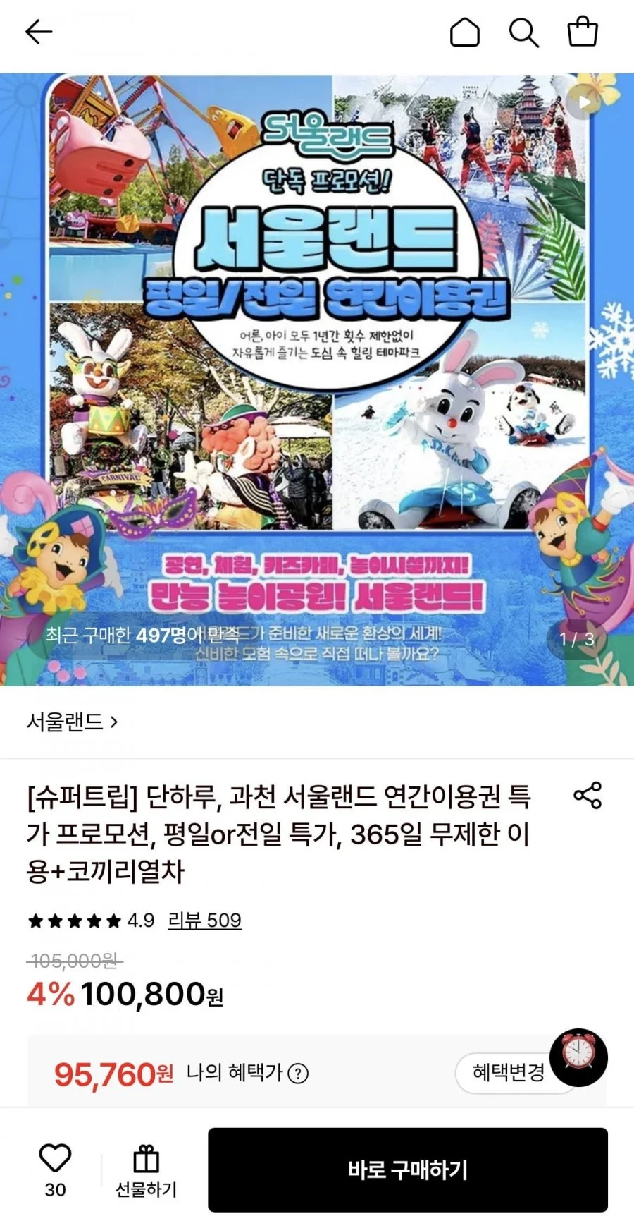 서울랜드 평일 대인 연간이용권