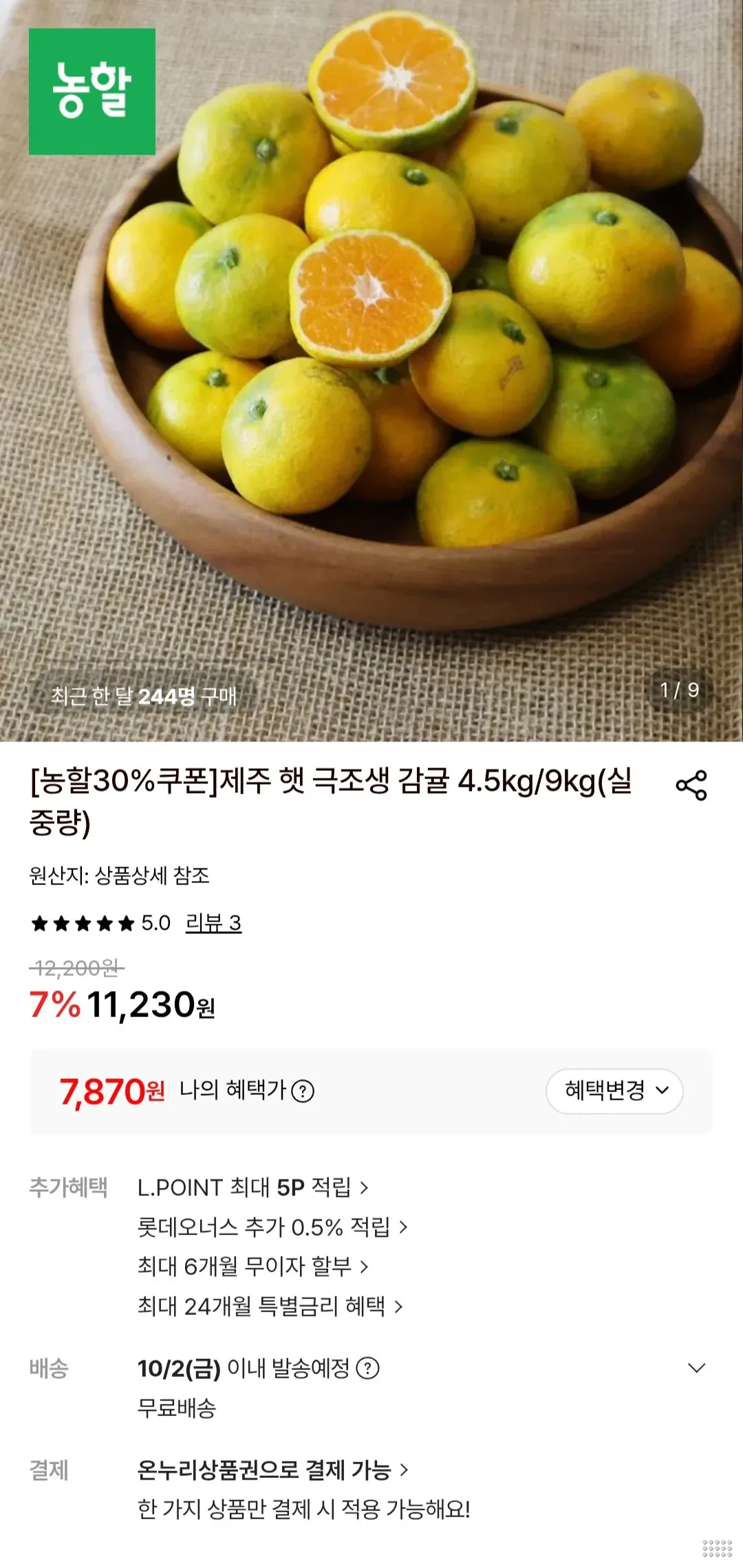 제주 햇 극조생감귤 4.5kg 대과