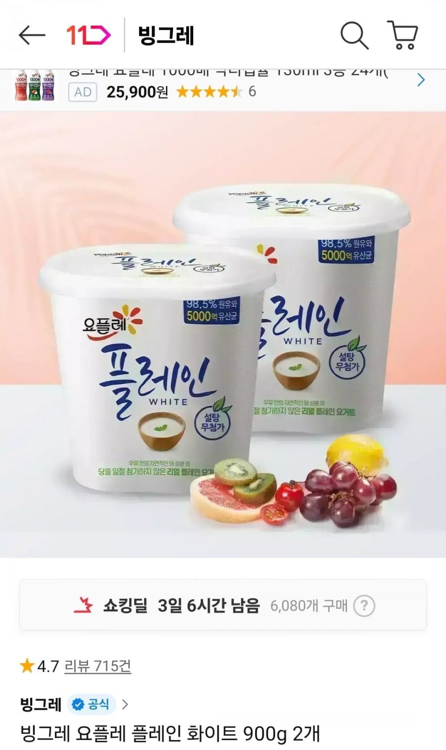 빙그레 요플레 플레인 900g 2개