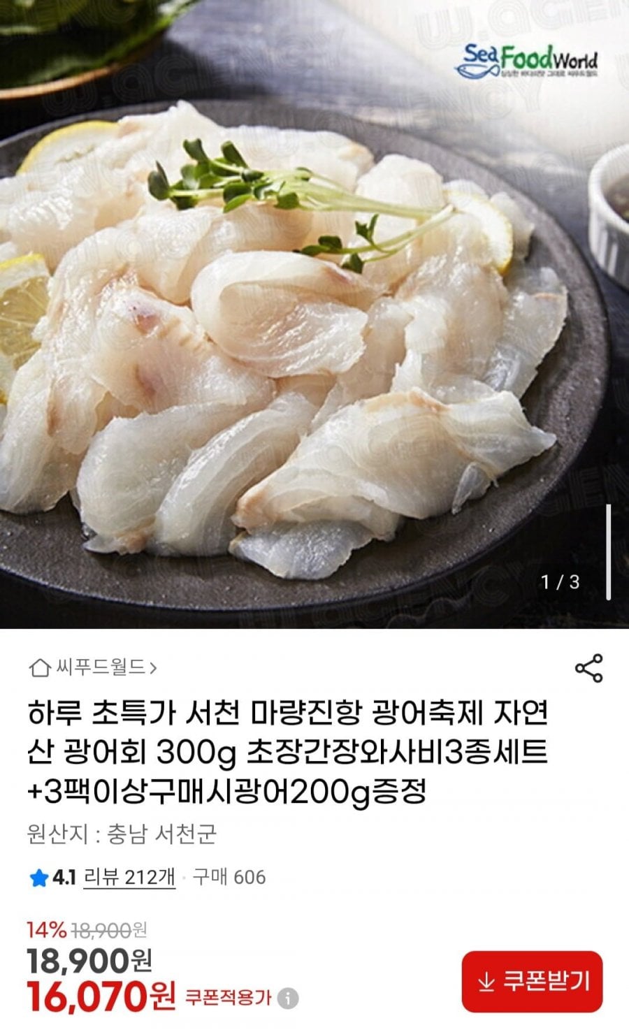 서천 마량진항 광어축제 자연산 광어회 300g 초장간장와사비3종세트