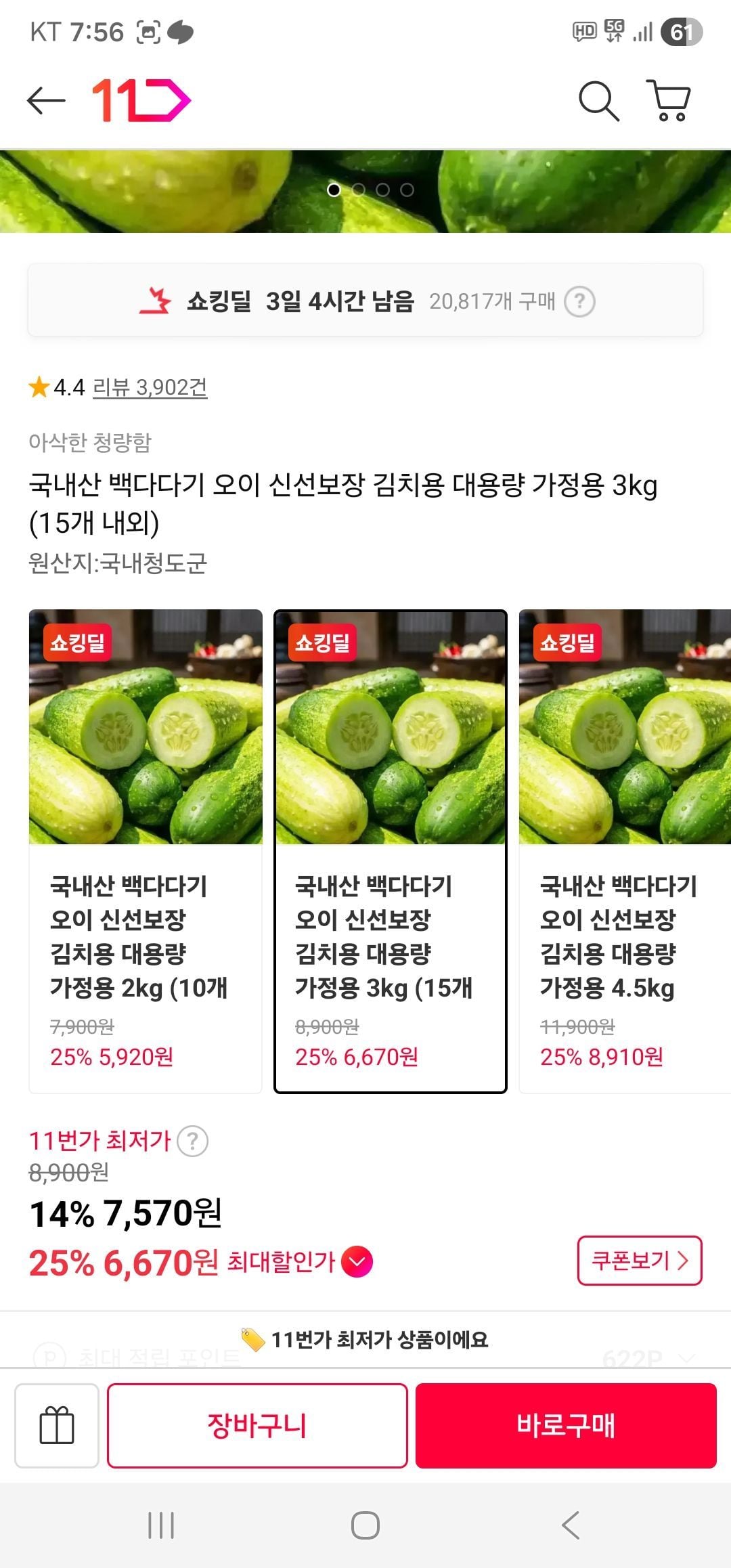 국내산 백다다기 오이 신선보장 김치용 대용량 가정용 3kg