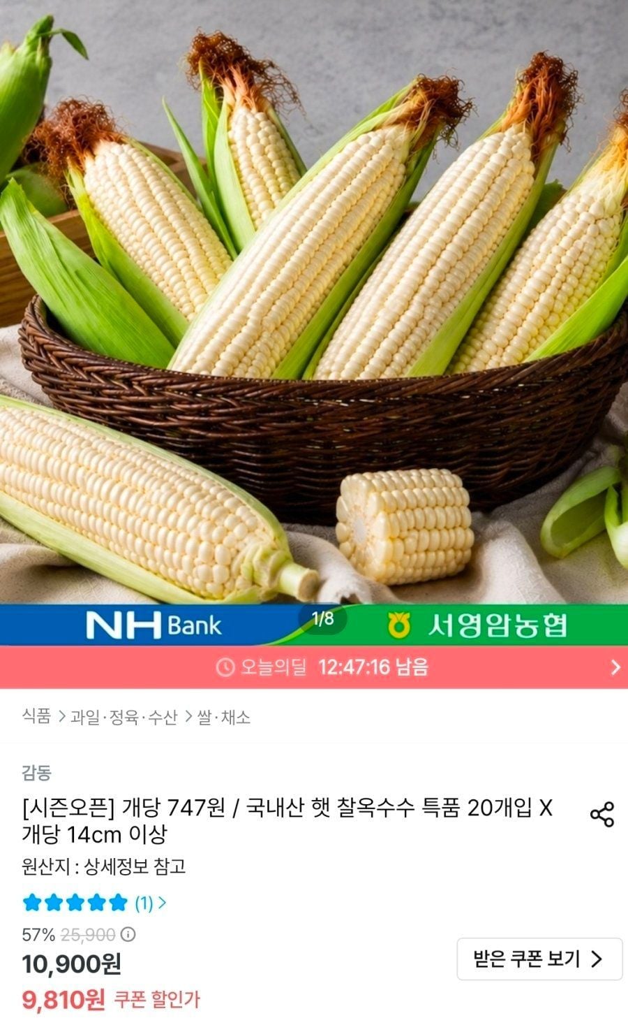 국내산 햇 찰옥수수 특품 20개입 14cm 이상