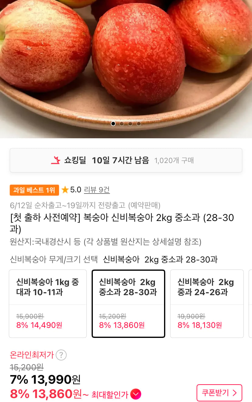 신비복숭아 2kg 중소과