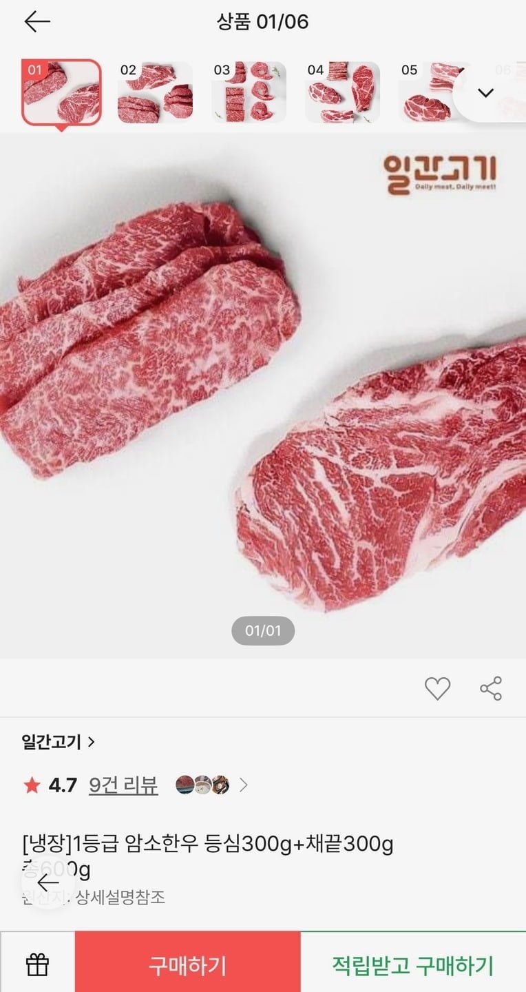1등급 암소한우 등심300g+채끝300g 총600g