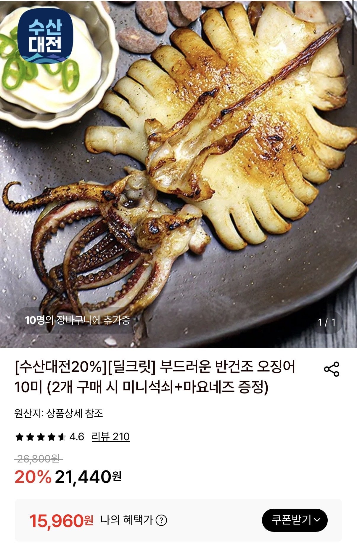 부드러운 반건조 오징어 10미 (2개 구매 시 미니석쇠+마요네즈 증정)