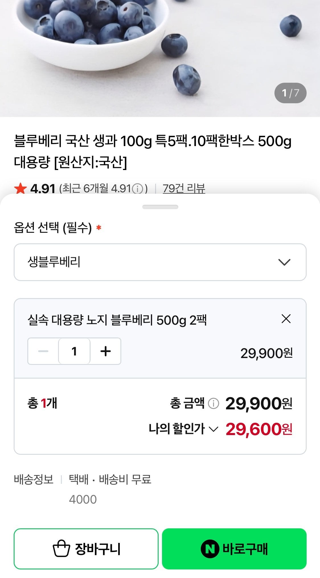국산 생블루베리 500g 2팩