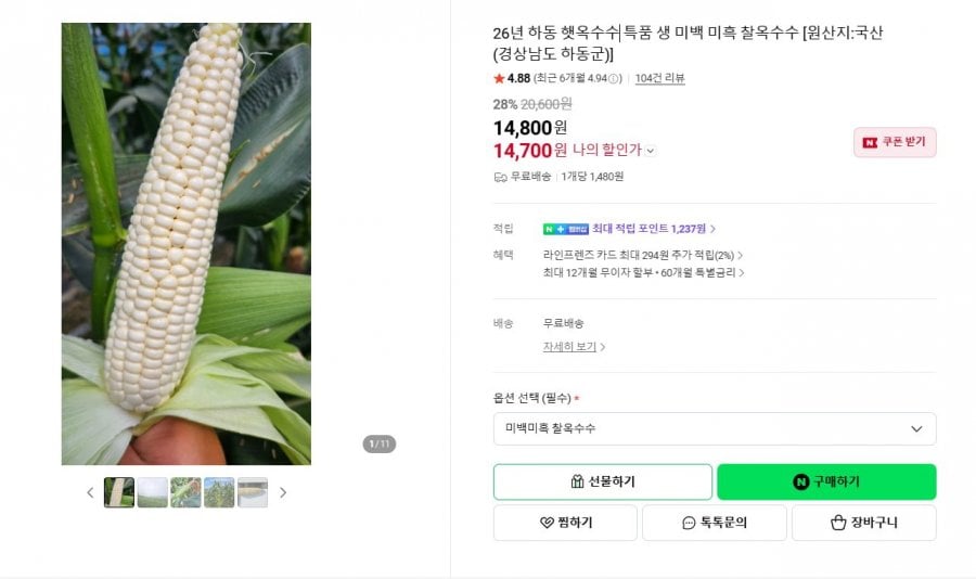 햇옥수수 흑찰 16cm이상 특품 10+2개