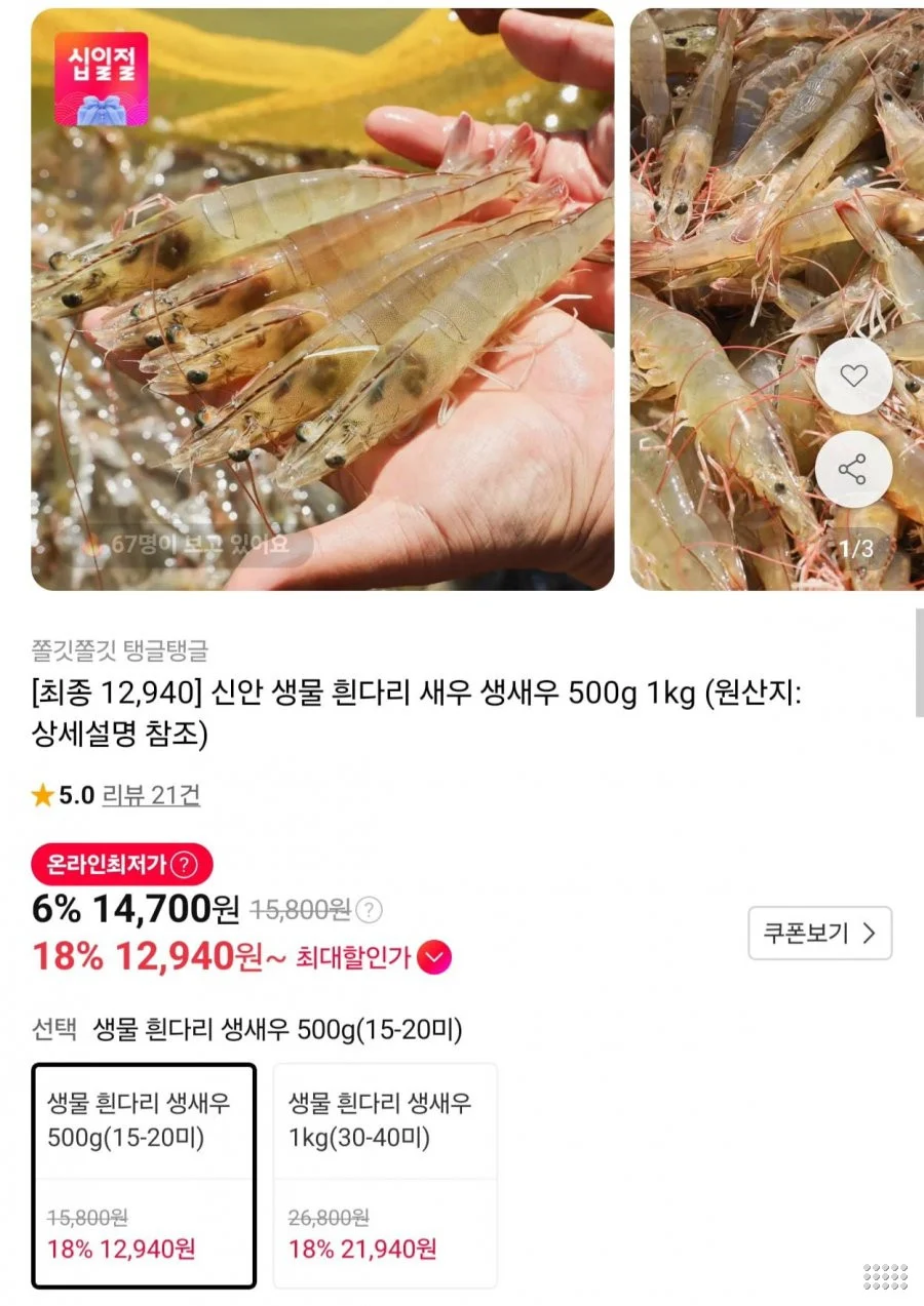 신안 생물 흰다리 새우 500g(15-20미)
