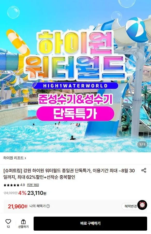 강원 하이원 리조트 워터월드 종일권