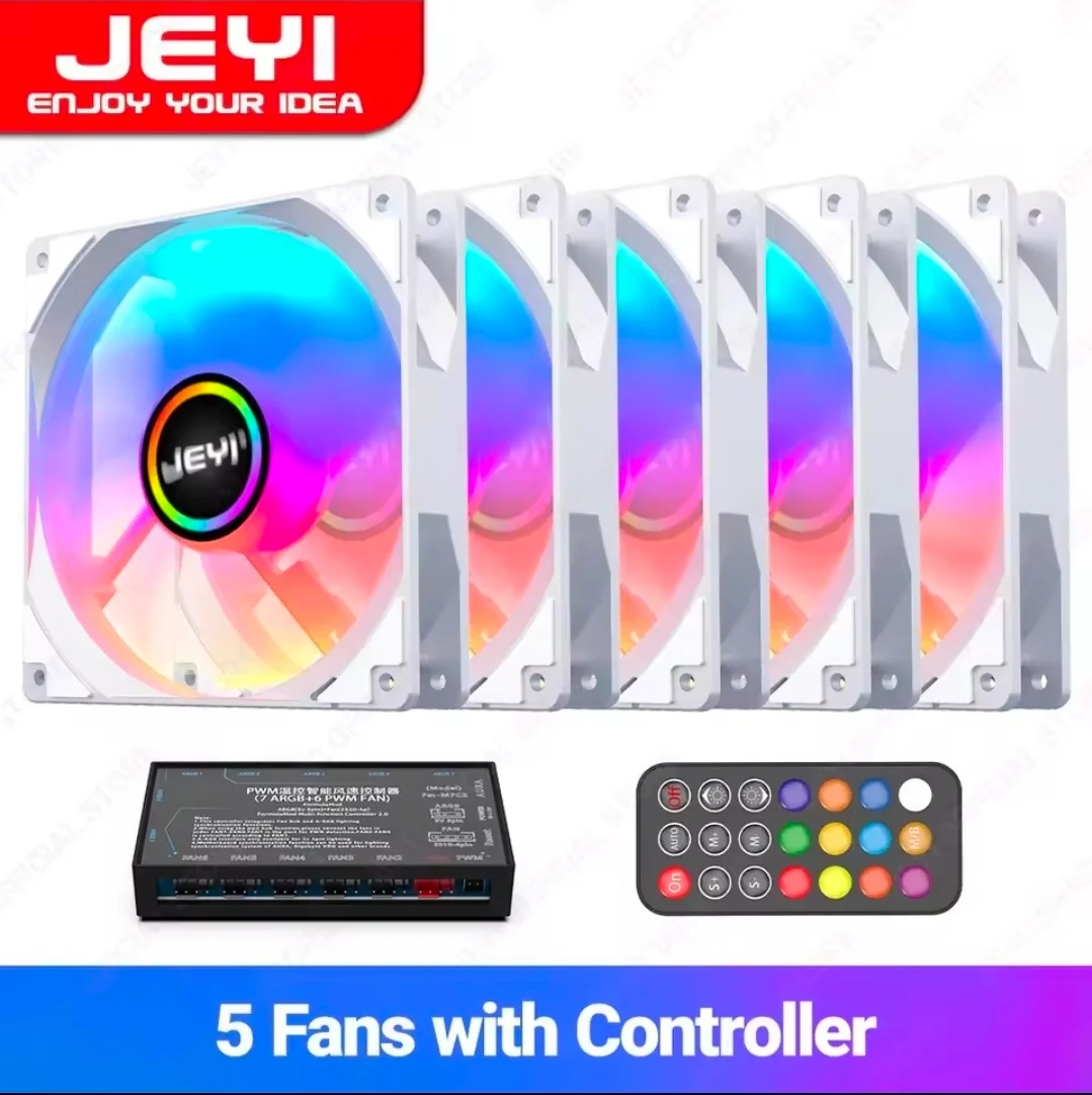 JEYI PWM ARGB 쿨링팬 5팩 + 팬허브 + 리모콘