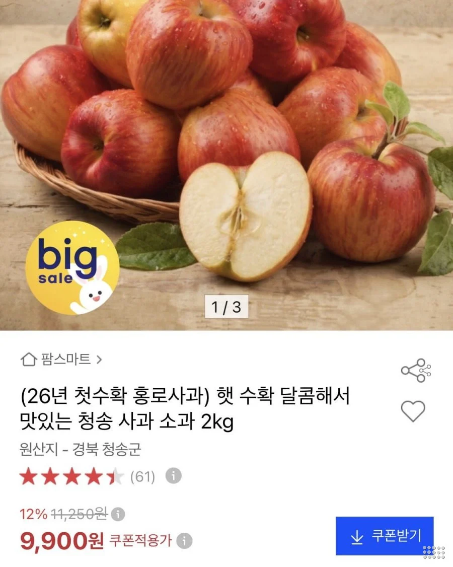 햇 청송 사과 소과 2kg