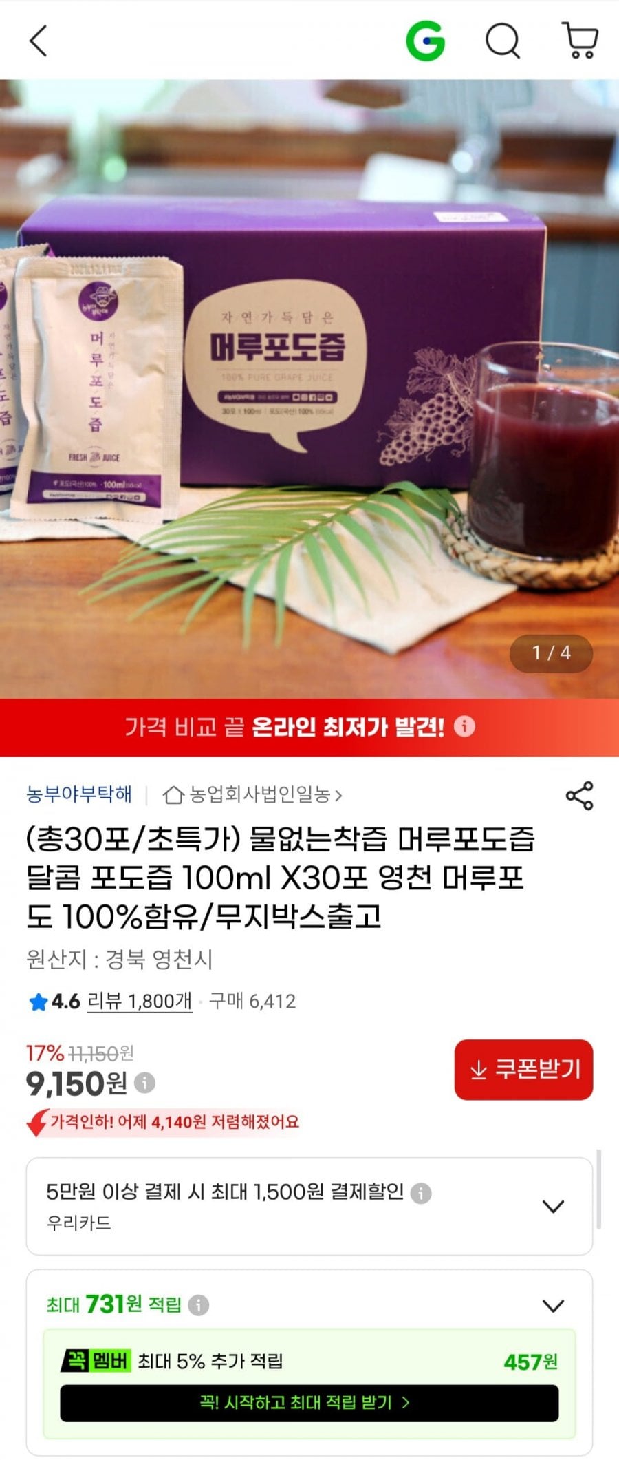물없는착즙 머루포도즙 달콤 포도즙 100ml X30포 영천 머루포도 100%함유