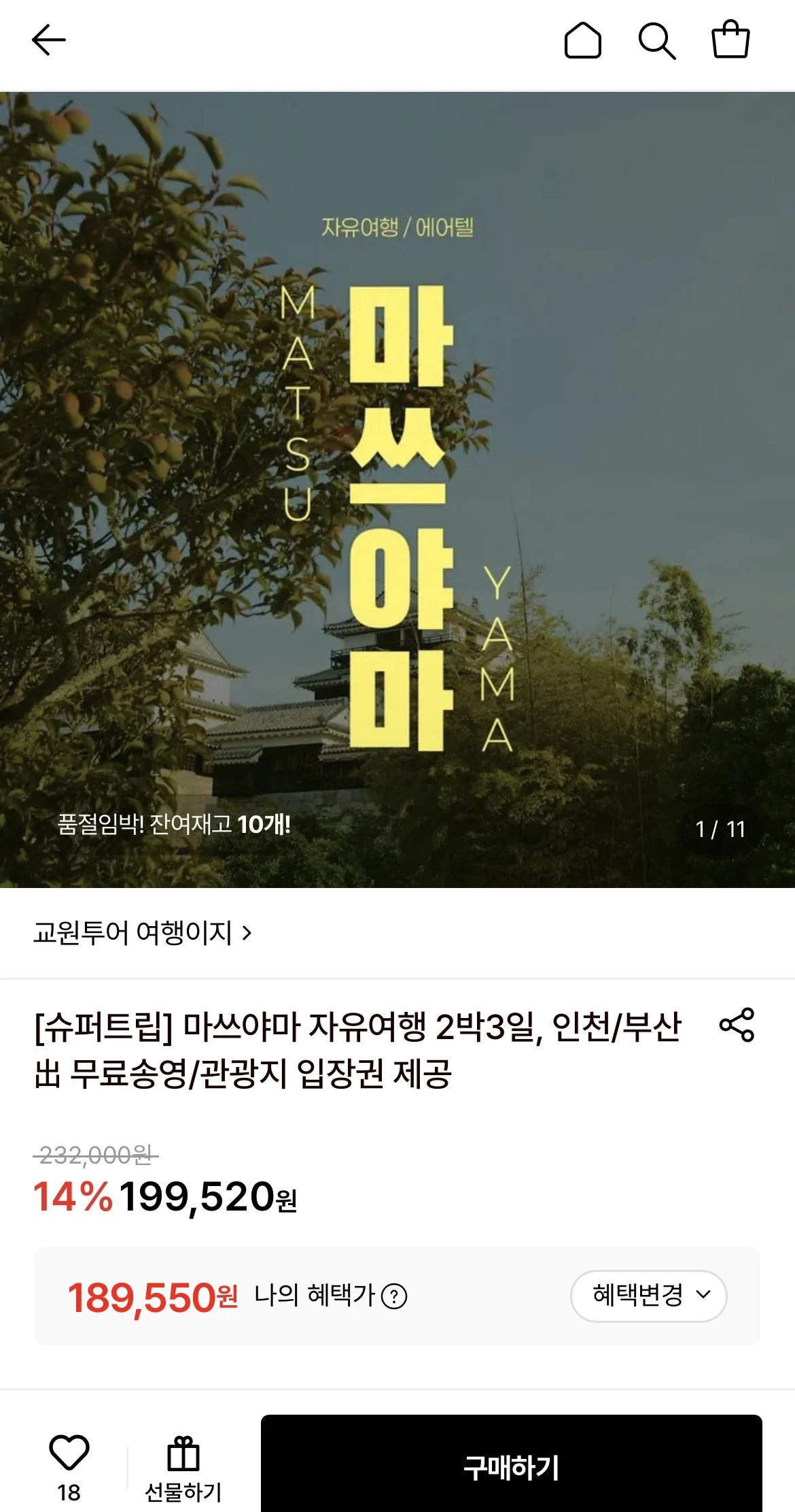 마쓰야마 자유여행 2박3일 (무료송영/관광지 입장 할인권 제공)