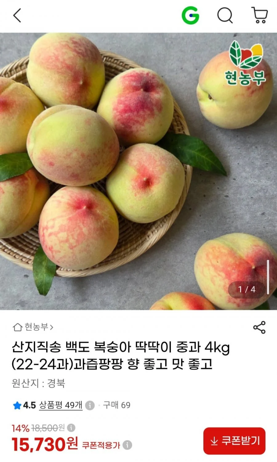 백도 복숭아 딱딱이 중과 4kg 22-24과
