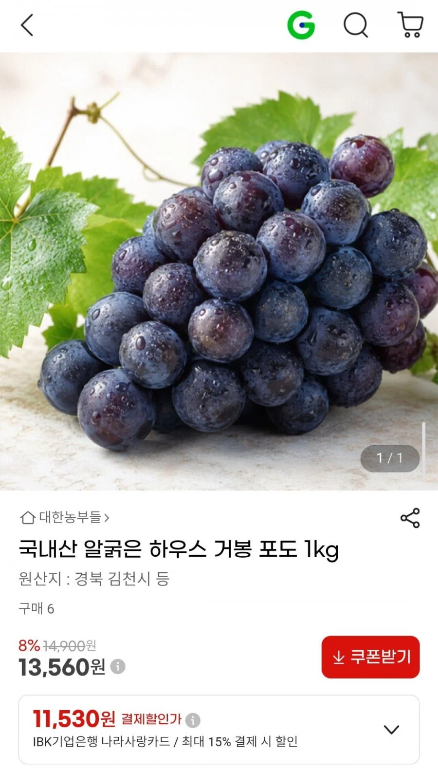 국내산 알굵은 하우스 거봉 포도 1kg