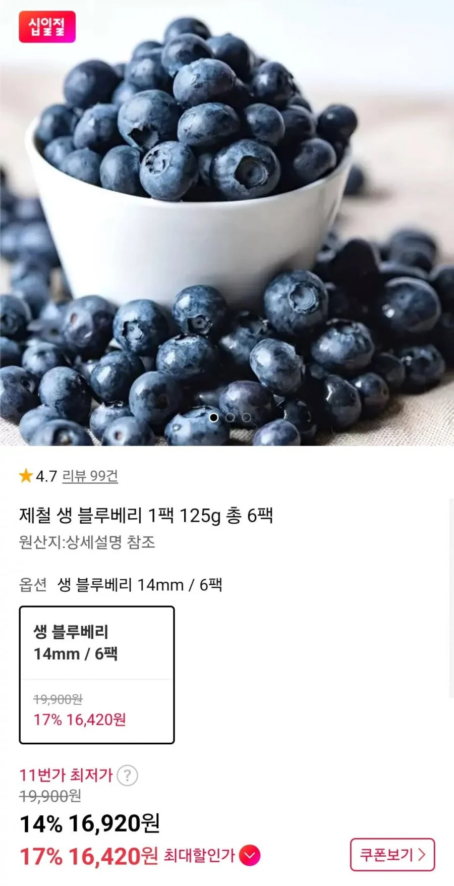 제철 생 블루베리 1팩 125g 총 6팩