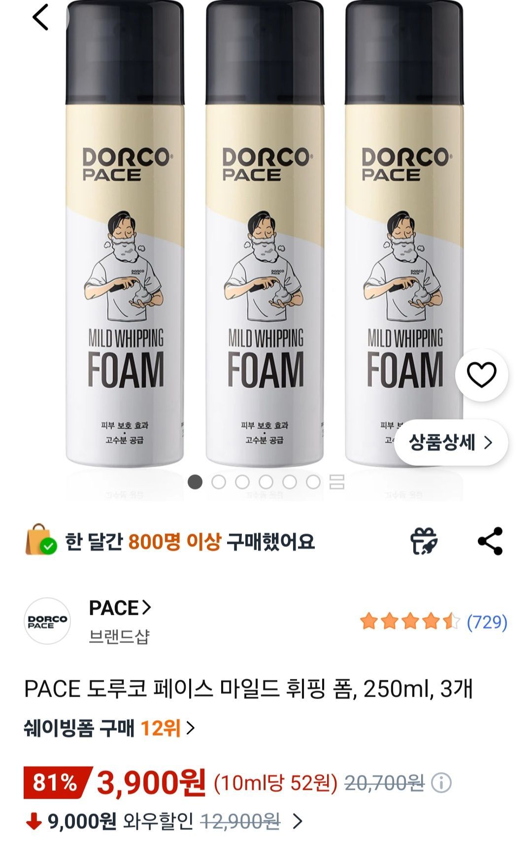 PACE 도루코 페이스 마일드 휘핑 폼, 250ml, 3개