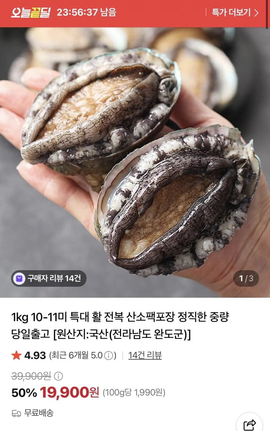 특대 활 전복 1kg 10-11미