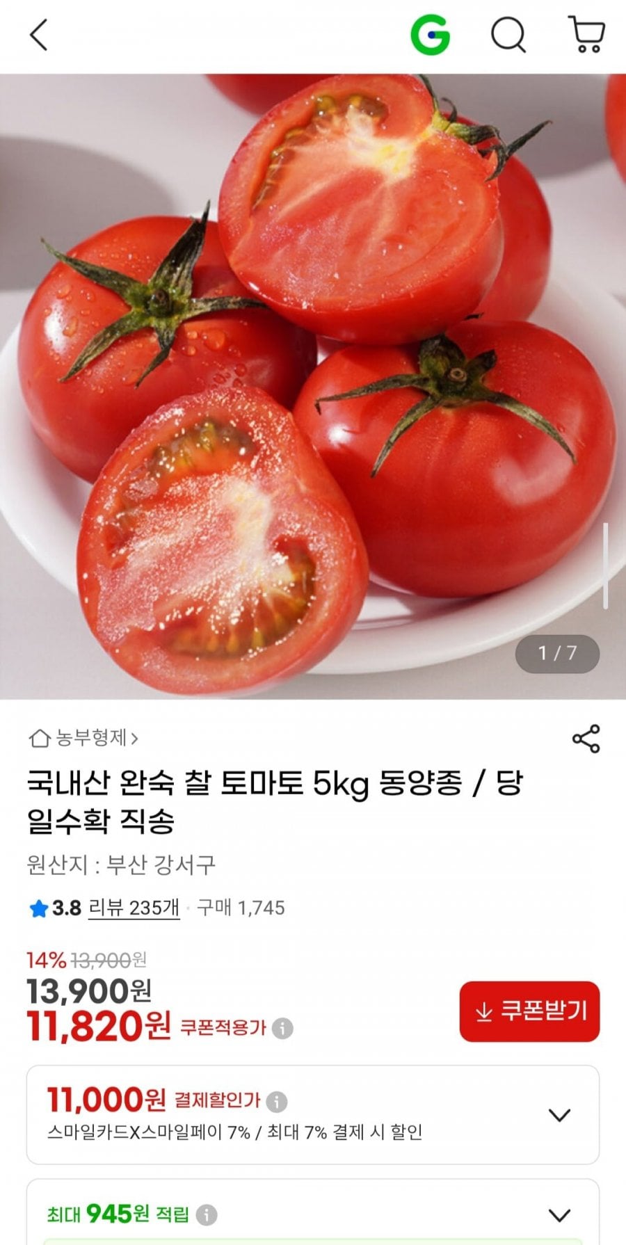 국내산 완숙 찰 토마토 5kg 동양종