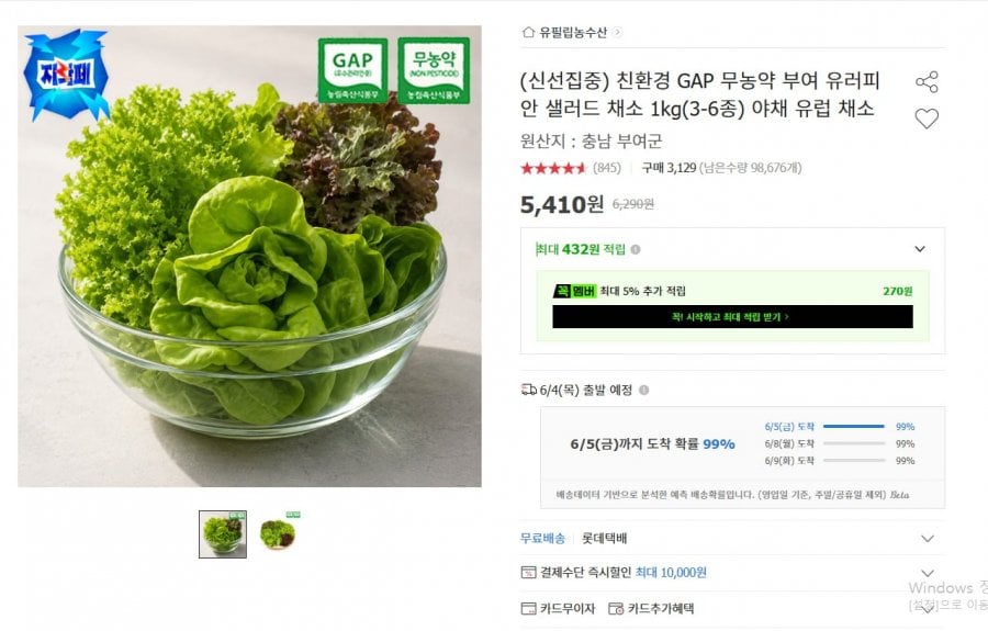 친환경 GAP 무농약 부여 유러피안 샐러드 채소 1kg(3-6종) 야채 유럽 채소
